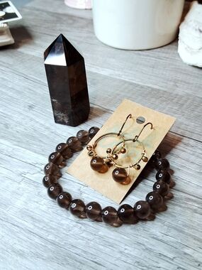 Smoky Quartz Tower, Bead Hoop Earrings, & Bracelet Set, 3 Piece